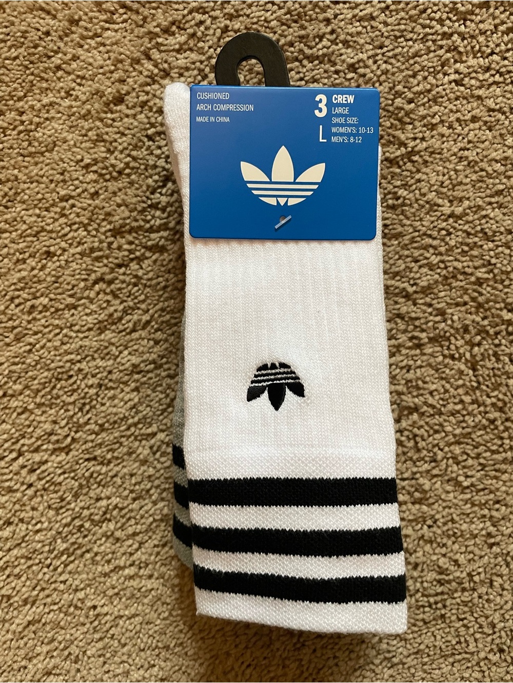 adidas Crew Athletic Socks with Black Stripes - 3 Pack Cushioned Arch